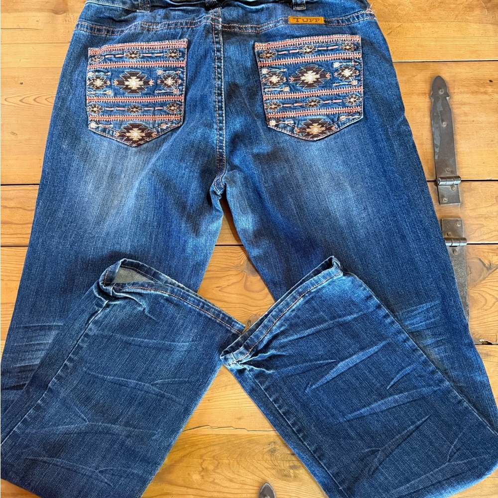 Cowgirl Tuff Blue Boot Cut Jeans with Patterned Pockets